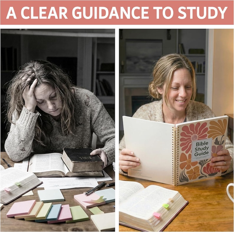 May include: A split-screen image showing two study methods. On the left, a person looks stressed over a thick book and sticky notes. On the right, a person smiles while holding a spiral-bound Bible Study Guide with a colorful floral cover design.