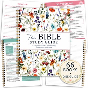 May include: A spiral-bound Bible study guide with a floral cover featuring colorful wildflowers. The text reads The BIBLE STUDY GUIDE A Complete Guide to Understanding All 66 Books of the Bible. A circular badge states 66 BOOKS ONE GUIDE.
