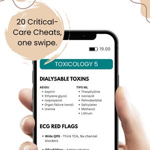 May include: A smartphone displaying medical information about toxicology, held by a person. The screen shows lists of dialyzable toxins and ECG red flags, with the text "20 Critical-Care Cheats, one swipe."