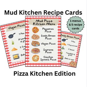 May include: Five printable recipe cards for making different types of mud pizzas. The cards feature illustrations of pizzas and ingredients, along with instructions for baking. The cards are titled "Mud Pizza Kitchen Menu" and "Leafy Green Pizza".
