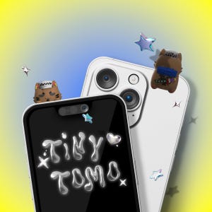 Può includere: Due smartphone bianchi, uno dei quali mostra uno schermo nero con il testo argentato in stile liquido "TINY TOMO" e un'icona a forma di cuore. Due piccole figure di gatti marroni sono posizionate vicino ai telefoni, circondate da stelle argentate.