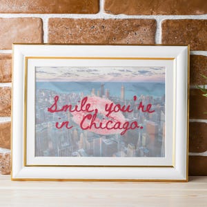 Chicago Skyline Wall Art - &quot;Smile, You&#39;re in Chicago&quot; Digital Print | Windy City Home Decor | Urban Skyline Digital Art Print