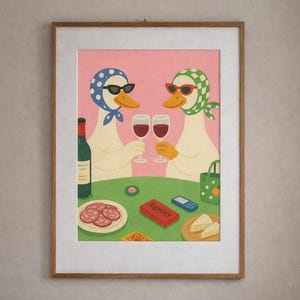 Ducks Wine Night Art Print, retro beste vrienden muurdecoratie (digitale download) afbeelding 1