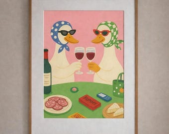 Ducks Wine Night Art Print, retro beste vrienden muurdecoratie (digitale download)