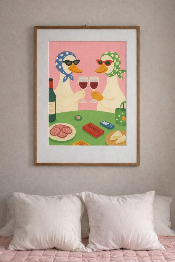 Ducks Wine Night Art Print, Retro Best Friends Wall Decor (Digital Download)