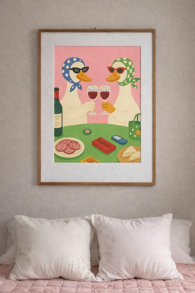 Ducks Wine Night Art Print, retro beste vrienden muurdecoratie (digitale download) afbeelding 1