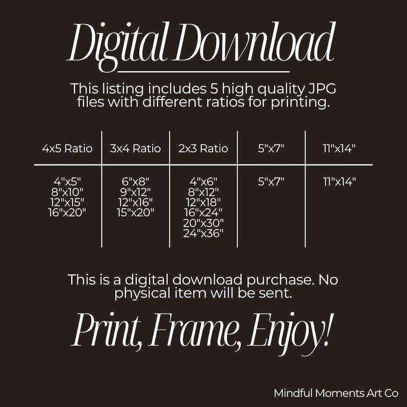 May include: Digital download art print information on a dark background. Text includes "Digital Download," print size ratios, and the phrase "Print, Frame, Enjoy!" The listing includes 5 high-quality JPG files.