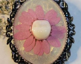 Oddity Style Brooch Featuring a Resin Human Tooth Molar & Pink Flower