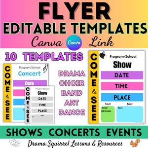 May include: A flyer template with a gradient background of pink, yellow, and purple. The text reads "FLYER EDITABLE TEMPLATES Canva Link" and "10 TEMPLATES". The flyer includes sections for show, date, time, and place.