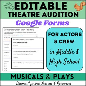 May include: A green and white graphic with the text "EDITABLE THEATRE AUDITION" and "Google Forms." It includes a sample audition form and text that reads "FOR ACTORS & CREW in Middle & High School." The image also says "MUSICALS & PLAYS."