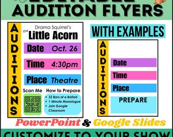 Theatre Audition Flyers/Posters - Editable Templates - Google Slides/PowerPoint Digital Audition Flyers - Musicals & Plays - QR code + Info