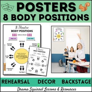 Posters met lichaamsposities theater: decor theaterklas, drama-ankerkaart, afdrukbare png-bestanden