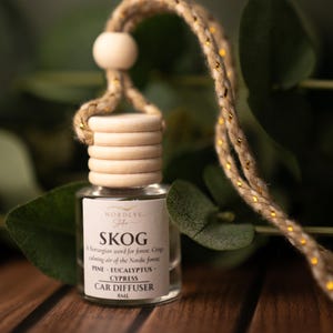 May include: A small glass car air freshener with a wooden cap and a braided rope. The label reads "SKOG", a Norwegian word for forest, with pine, eucalyptus, and cypress scents. The background features green leaves and a wooden surface.