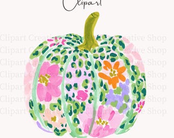 Preppy Floral Leopard Pumpkin PNG Clipart, Colorful Fall Pumpkin Graphic, Trendy Cute Girly Halloween Decor png,Boutique Coquette Autumn PNG