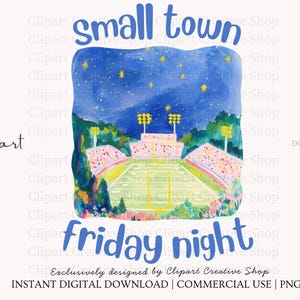Puede incluir: Una ilustración digital de un estadio de fútbol americano de noche bajo un cielo estrellado, con luces amarillas brillantes, césped verde y gradas rosas. El texto "small town" aparece arriba y "friday night" debajo del estadio.