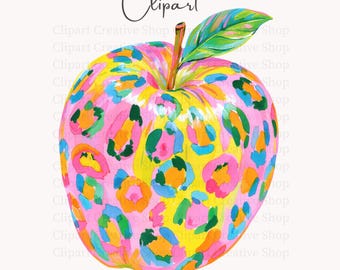 Apple PNG, Preppy Colorful Leopard Teacher Apple Clipart, Back to School PNG, Cute Painterly Watercolor Teacher Shirt png, Sublimation png