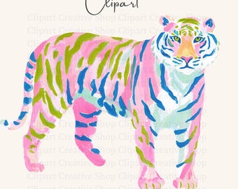 Preppy Tiger PNG Clipart, Colorful Brushstroke Watercolor Wildlife Tiger PNG, Jungle Animal png,  Tiger School Mascot png, Sublimation png