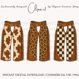 May include: Three pairs of chaps with brown leather belts and fringe along the sides. The first pair has a brown and white cow print, the second has a brown leopard print, and the third has a brown and white checkerboard pattern. Text reads Clipart.