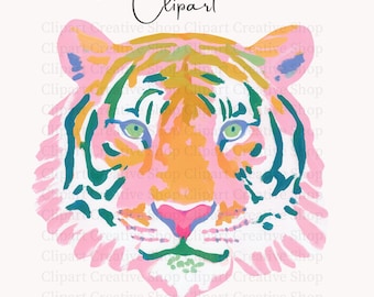 Preppy Tiger Mascot PNG Clipart, Painterly Brushstroke Watercolor Tiger Face,Boutique School Mascot png, Football Game Day School Spirit PNG