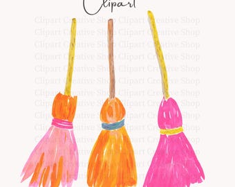 Preppy Halloween Witch Broom PNG Clipart, Pink Orange Spooky Season Graphic, Trendy Boutique Painterly Watercolor Decor, Sublimation png