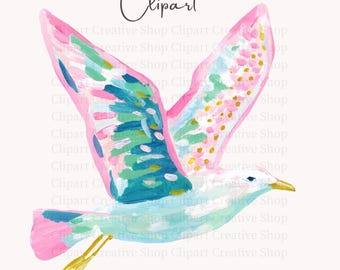 Preppy Seagull PNG Clipart, Coastal Painterly Brushstroke Watercolor Bird Art, Nautical Summer Vacation Illustration, Sublimation png