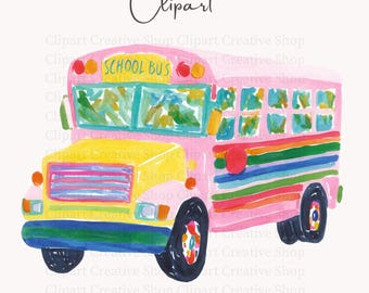 Preppy School Bus PNG, Colorful Painterly Watercolor School Bus Clipart, Trendy Back to School PNG, Bus Driver Teacher png, Sublimation png
