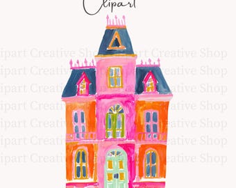 Preppy Haunted House PNG Clipart, Colorful Watercolor Halloween Halloween Mansion Witch House, Whimsical Spooky Season png, Sublimation PNG