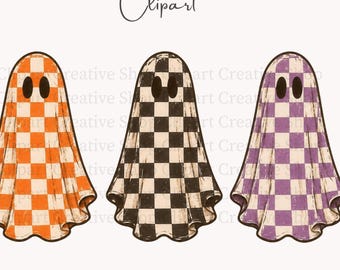 Retro Halloween Ghost Trio PNG, Trendy Fall Vintage Distressed Checkered Ghost Clipart, Orange Black Purple Halloween PNG, Commercial Use