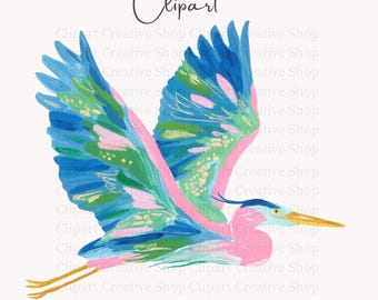 Preppy Heron Bird PNG, Painterly Watercolor Flying Coastal Bird Clipart, Great Blue Heron png, Sublimation png, Trendy Beach House Decor png