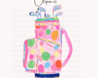Preppy Pink Golf Bag PNG, Golf Club Clipart, Brushstroke Watercolor Golf Bag, Coastal Country Club Artwork, Golf Lover PNG, Sublimation png