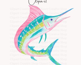 Preppy Sailfish PNG, Pink Turquoise Coastal Fish Clipart, Painterly Watercolor Fish, Fisherman Core, Beach House Decor PNG, Sublimation png