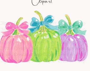 Preppy Bow Pumpkin Trio PNG, Colorful Painterly Watercolor Pumpkin Clipart,Trendy Cute Coquette Halloween Decor PNG, Commercial Use