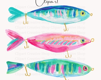 Preppy Fishing Lure Trio PNG , Colorful Painterly Watercolor Coastal Clipart, Watercolor, Lake House Decor ,Trendy Summer Fisherman Core png
