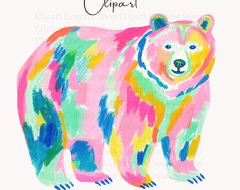 Grizzly Bear PNG, Preppy Watercolor Bear Clipart, National Park Wildlife, Mountain Bear Illustration, Trendy Cabin Decor, Digital Download