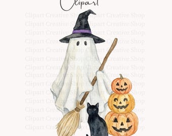 Vintage Ghost PNG Clipart, Watercolor Halloween Ghost, Classic Black Cat Pumpkin Witch Broom Illustration, Trendy Cozy Spooky Season png