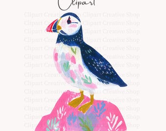 Preppy Puffin PNG, Brushstroke Painterly Watercolor Puffin Clipart, Trendy Coastal Bird PNG, Seaside Beach House Decor png, Sublimation png