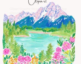 Grand Teton Mountains PNG Clipart, Preppy Painterly Watercolor Mountain Lake Art, Floral Landscape png, National Park Decor, Sublimation png