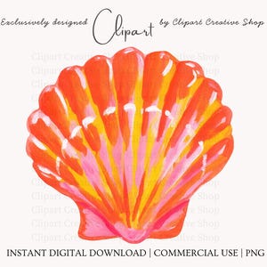 May include: A digital illustration of a fan-shaped seashell featuring vibrant gradients of orange, yellow, and pink. The shell has distinct vertical ridges and highlights, with the text Exclusively designed Clipart by Clipart Creative Shop above and INSTANT DIGITAL DOWNLOAD | COMMERCIAL USE | PNG below.
