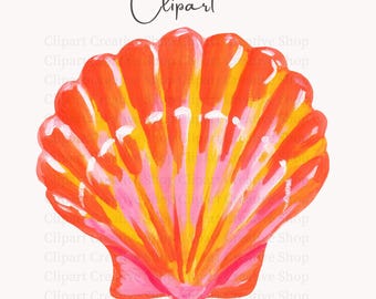 Preppy Scallop Shell PNG, Trendy Tropical Coastal Clipart, Coral Watercolor Painterly Seashell png, Summer Vacation Design, Sublimation png