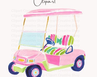 Preppy Pink Golf Cart PNG, Golf Lover Clipart, Watercolor Golf Cart, Coastal Country Club Artwork, Golf Girl Aesthetic PNG, Digital Download