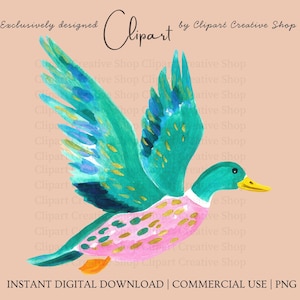 Op de afbeelding: Een aquarelillustratie van een vliegende eend met groenblauwe vleugels, een roze lichaam met groene en gouden stippen en een gele snavel. De tekst luidt Exclusively designed Clipart by Clipart Creative Shop, INSTANT DIGITAL DOWNLOAD | COMMERCIAL USE | PNG.