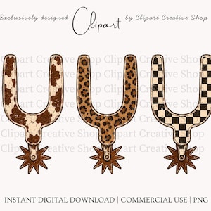 Western Spurs png-trio, retro vintage koeienhuid luipaard geruite westerse clipart, cowgirl rodeo-graphics, vintage ranch png, commercieel gebruik