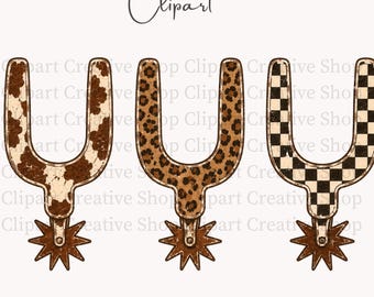 Western Spurs PNG Trio, Retro Vintage Cowhide Leopard Checkered Western Clipart, Cowgirl Rodeo Graphics, Vintage Ranch PNG, Commercial Use