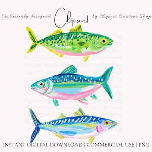May include: Watercolor illustration of three colorful fish. The top fish is green with yellow fins, the middle fish is blue and turquoise with pink accents, and the bottom fish is blue with yellow and pink details. Text reads "Exclusively designed Clipart by Clipart Creative Shop".