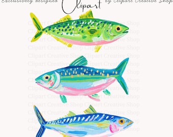 Preppy Fische PNG Clipart, Trendige Drei Fische PNG, Küsten Aquarell Design, Bunte Ozean Grafik, Digital Download