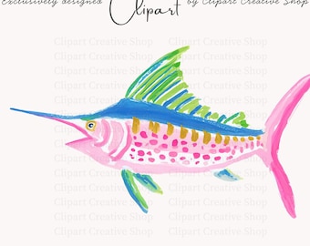 Preppy Sailfish Watercolor PNG Clipart, Pink Coastal Fish Sublimation Graphic, Marlin Fish, Commercial Use