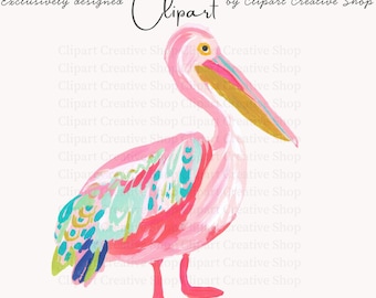 Preppy Pelican Watercolor Clipart PNG, Coastal Bird Art, Tropical Summer Graphic (Digital Download)