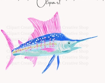 Preppy Sailfish PNG Clipart, Coastal Fish Watercolor Graphic, Pink Blue Nautical Design, Trendy Fisherman Aesthetic PNG, Sublimation Design