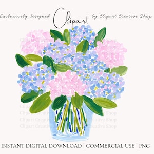 Preppy hortensia aquarel PNG-clipart, roze blauwe bloemen vaaskunst, kustbloemafbeelding, Hamptons zomervakantie, digitale download