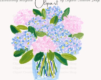 Preppy Hydrangea Watercolor PNG Clipart, Pink Blue Floral Vase Art, Coastal Flower Graphic, Hamptons Summer Vacation, Digital Download